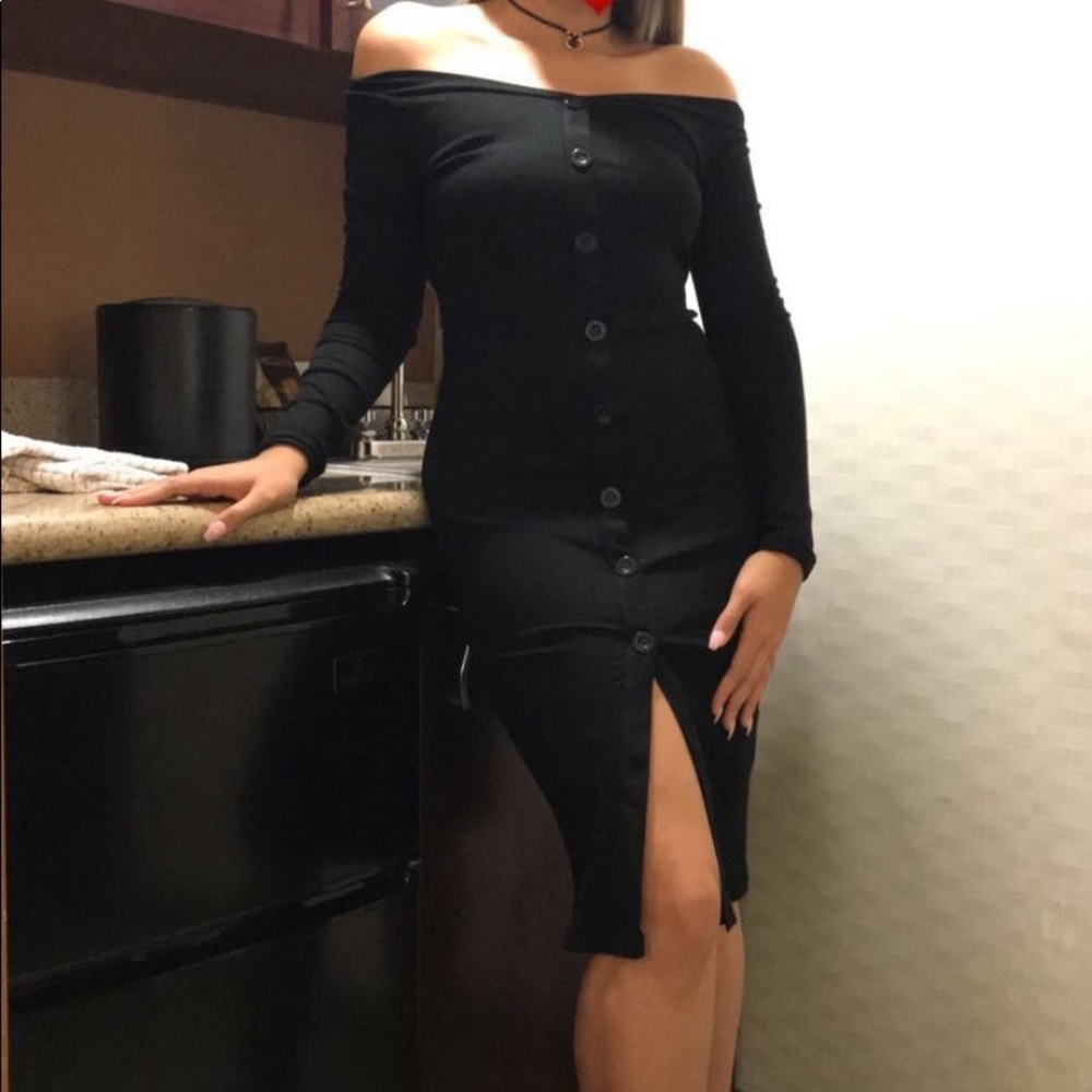 Black long sleeve button midi dress